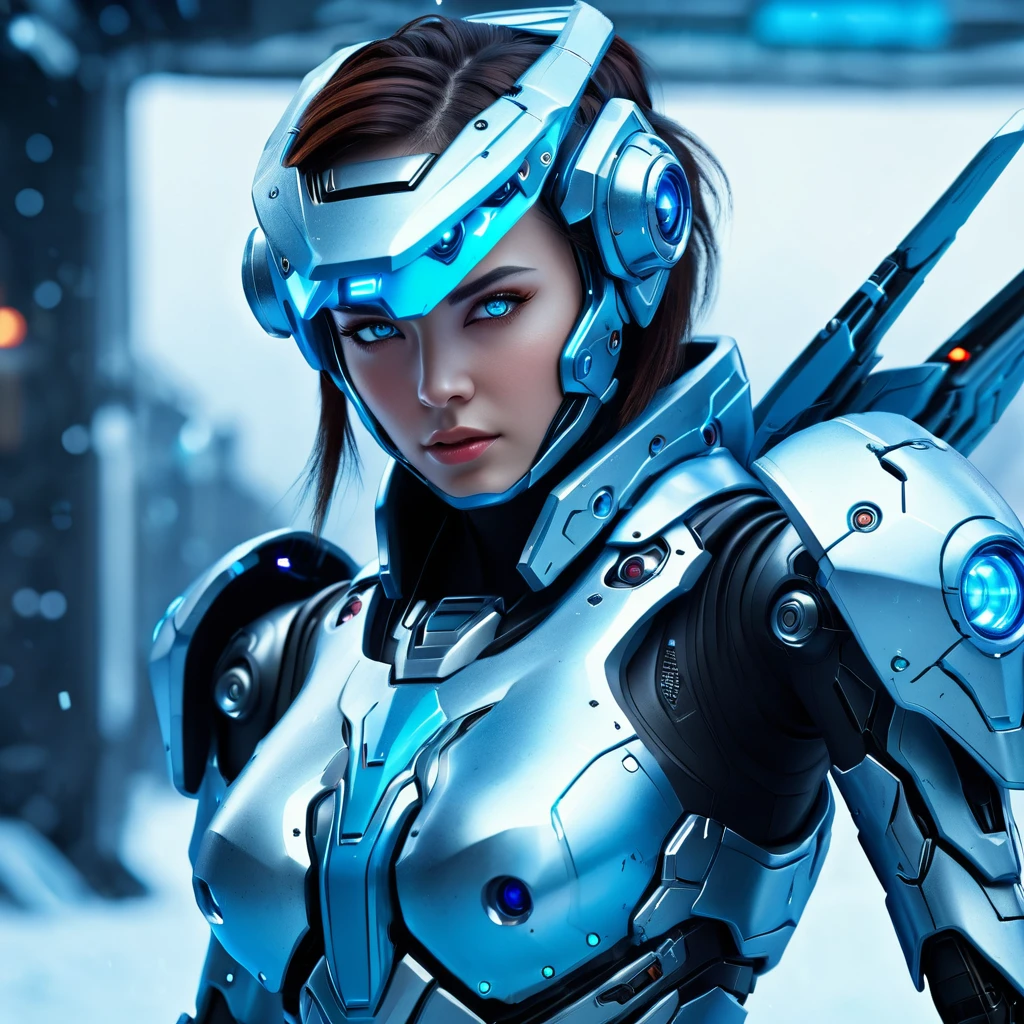 Face A Mecha Girl, laser, Powerful armor, Sharp Eyes, Frost, inflammation, Perfect detail, (Highest quality, 4K, High resolution, masterpiece:1.2), Super detailed, Realistic:1.37, High resolution, Studio Lighting, Vibrant colors, (cyber punk, Futuristic) style, Icy blue color scheme, Dynamic Lighting.