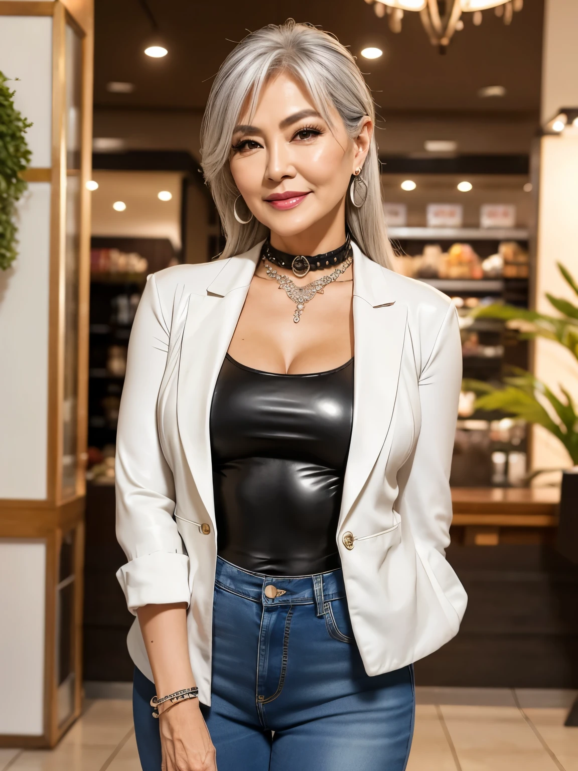 Denim pants 75 years old mom milf Korean, Lady large earring Big choker navel piercing decoration A bracelet Silver Hair realisitic Gorgeous Madame Beautiful Mature Woman sexly Smile Gentle woman navel piercing 4K High quality prepared food section Delica food shopping Heavy chest