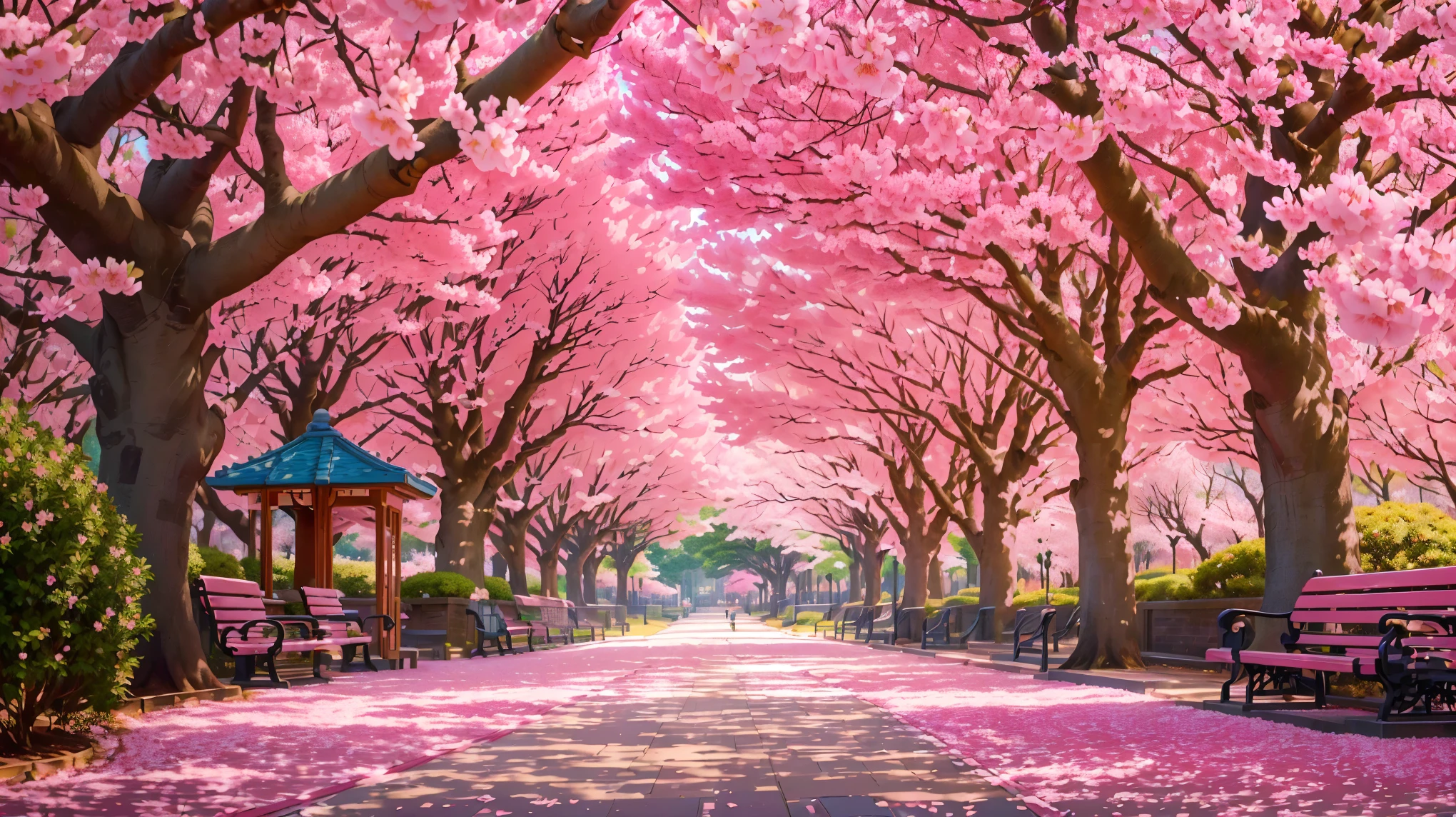 araffe lined walkway with benches and pink flowers in the park, cherry blossom trees, cherry blossom forest, pink trees, breath - taking beautiful trees, breath-taking beautiful trees, sakura trees, lush sakura trees, beautiful trees, blossoming path to heaven, cherry blossom tree, cherry trees, cherry blossoms, cherry-blossom-tree, beautiful iphone wallpaper