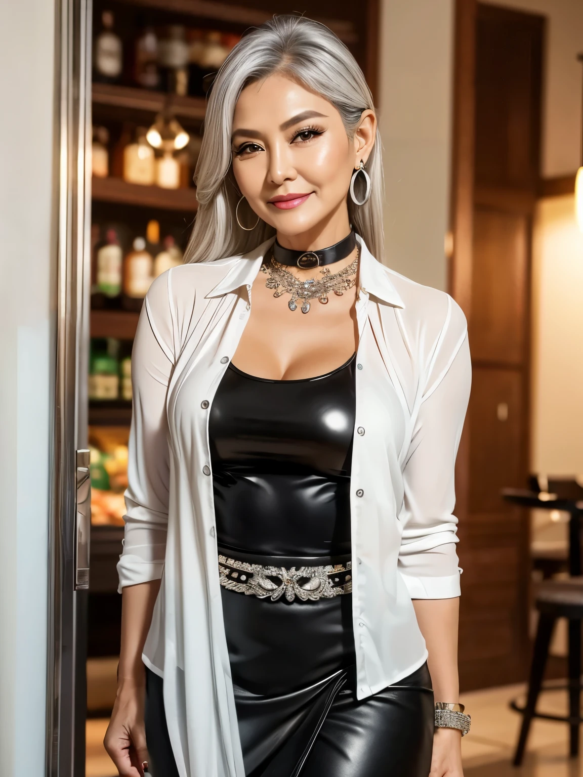 75 years old Mom MILF Chinese Lady large earring Big choker navel piercing decoration A bracelet Silver Hair realisitic Gorgeous Madame Beautiful Mature Woman sexy Smile Gentle woman navel piercing 4K High quality dining cooking dress