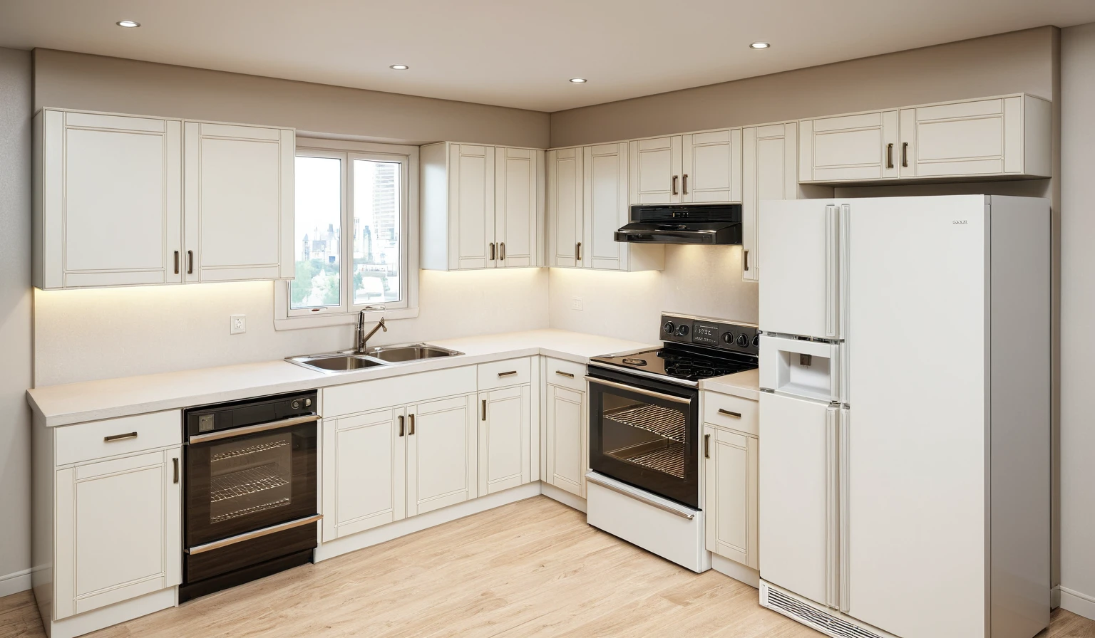 Interior Design, kitchen room, (minimalist style:1.2), (minimalist interior space), (minimalist furniture design), (space that realistically describes the minimalist interior of a townhouse), (Warm LED 4000k white tone, Clean and comfortable, timeless, making the space appear clear), (mable floors), (black refrigerator), (hidden light), (circle spotlight), (indoor), (neutral white tone color), (white wall), (An Cuong Wooden Furniture minimalist Style), (An Cuong wood with MDF surface glued with melamine coating), (architectural design visualization), (reflection), (focus on object), (material normal bump real reflection), (multi-level reflection), (chao vantage software visualization render),(((Best Quality))), ((Masterpiece)), ((best illustration)), ((best shadows)), (( Super Detail)), (Intricate lines), (Photorealism),(hyper detail), ((archdaily)), ((award winning design)), (dynamic light), (perfect light), ( shimering light), ((photorealistic)), ((intricate detail)), ((extreme detail)), ((crazy detail)), ((octane render)), ((trending on artstation)), ((High- fidelity)), ((Viwvid)), ((Crisp)), ((Bright)), ((Stunning)), ((Eye-catching)), ((High-quality)),((Sharp)), ((day sun environment)), ((Illuminating)), ((Flawless)), ((High-quality)),((Sharp edge render)), ((medium soft lighting)), ((photographic render)) , ((detailed archviz)), ((reality environment)),  (level of photo realism, depends on lighting, materials, composition, Real-Time Rendering, based on chao vantage timage rendering graphics software)
