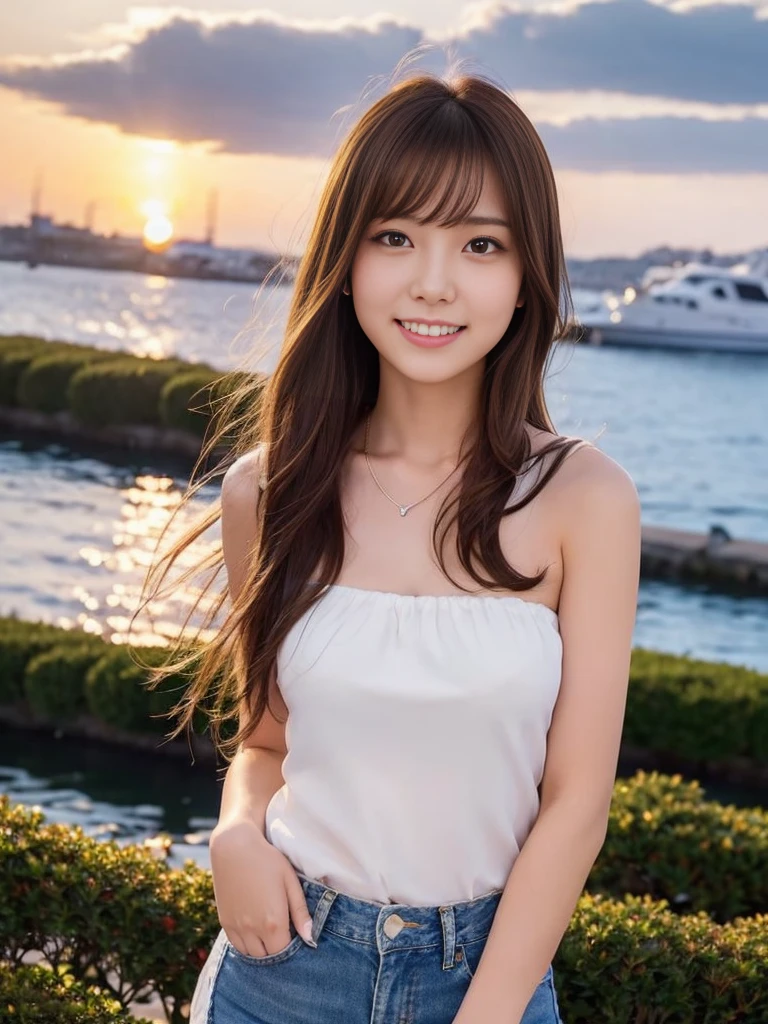 Beautiful shy Japanese girl, 18-year-old, Long brown hair, Big brown eyes, Glossy Lips, Shiny Hair, Ecstatic expression, In front of the sunset harbor scenery, The background is very blurry, She is wearing a plain white, sleeveless, strapless blouse, Wearing low-waisted denim shorts, Wearing a necklace,