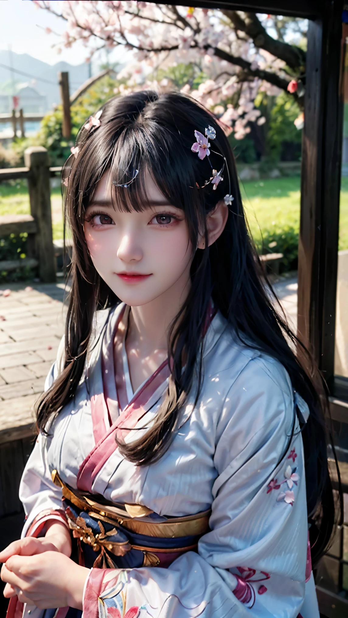 (logo、masterpiece、8k、table top、RAW photo、wonderful、最high quality、Photorealistic and hvery detailed CG integrated 8k wallpaper、high quality、very detailed、Narrative poem、particle effects、dynamic effects、written boundary depth、cinematic light、Lens flare、ray tracing)、fantasy、 (1 beautiful woman、white kimono、Japan Dress、white cherry blossom pattern、White cherry blossom embroidery pattern、black haired、beautiful face、real face、beautiful details eyes beautiful skin)、Hair flutters in Wind、hair bounces、pink cherry tree、petals dance、SakuraFubuki、wonderful scenery、sunrise、sun on background、Wind、god々、teeth、god story、vast land