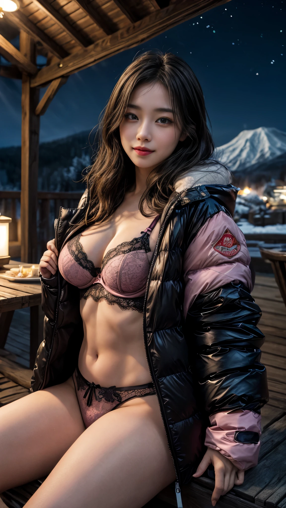 nsfw、(((Night view)))、White Breath、Beautiful starry sky、In the mountains、smile、in the forest、winter、Cottage))、Sit in front of the bonfire、Stainless Steel Mug、Outdoor、(((Front open down jacket)))、(Leg warmers)、(Trekking shoes)、 table、(())、Steam rising from a mug、I feel it、Wavy long hair、High resolution、High resolution、In 8K、Real Live Action、RAW Photosgraphy、Highest quality、masterpiece、tableトップ、erotic,Whit,knees, Absurd,Small face、masterpiece,Highest quality、超High resolution,RAW Photos,only,Beautiful poop,One person, One personで,whole body、very nice、Japanese women,(Realistic:1.4)、Photon Mapping、Realistic、Beautiful woman、物理ベースのonlyダリング、Qianfang、Depth of field rally background、 Soft Nose, Sparkling eyes、Glossy Lips、Spread your legs、(((A detailed design of black lace pink lingerie is visible)))、
