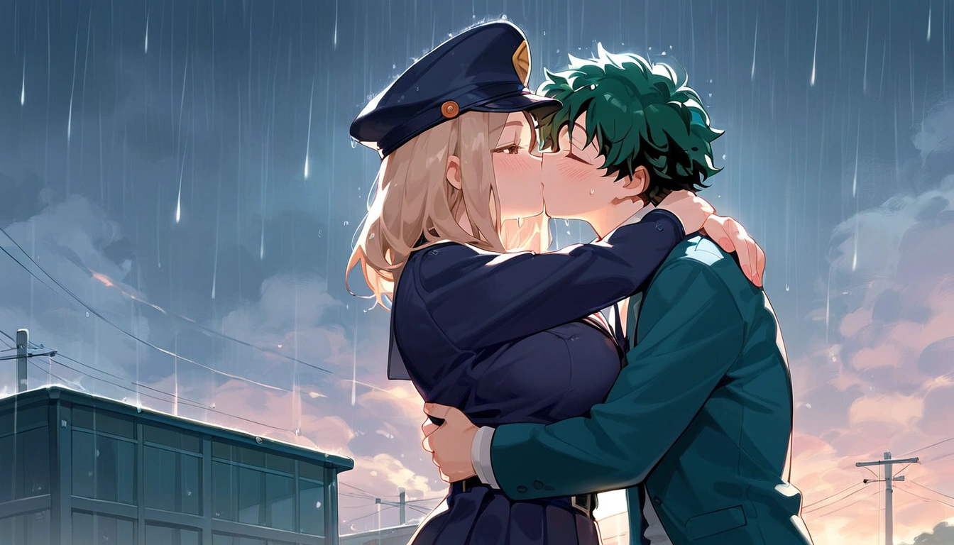 anime artwork, score_9, score_8_up, score_7_up, score_6_up, score_5_up, score_4_up, r,Camie Utsushimi, light brown hair, dark brown eyes,, breasts, , big breasts, (school uniform:1.2), standing, cap, she is 24 years old, wet whirt, ,horny, , , , style_3, 1boy, Izuku Midoriya, kissing, outdoors, raining, blush, wet, dark atmoshpere, They are completely soaked, evening, gaps in the clouds, his hands on her hips, hugging, close-up,rainbow