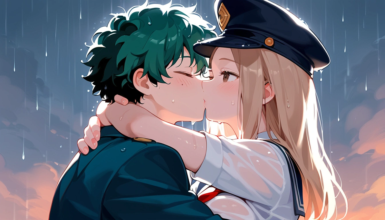 anime artwork, score_9, score_8_up, score_7_up, score_6_up, score_5_up, score_4_up, r,Camie Utsushimi, light brown hair, dark brown eyes,, breasts, , big breasts, (school uniform:1.2), standing, cap, she is 24 years old, wet whirt, ,horny, , , , style_3, 1boy, Izuku Midoriya, kissing, outdoors, raining, blush, wet, dark atmoshpere, They are completely soaked, evening, gaps in the clouds, his hands on her hips, hugging, close-up,rainbow