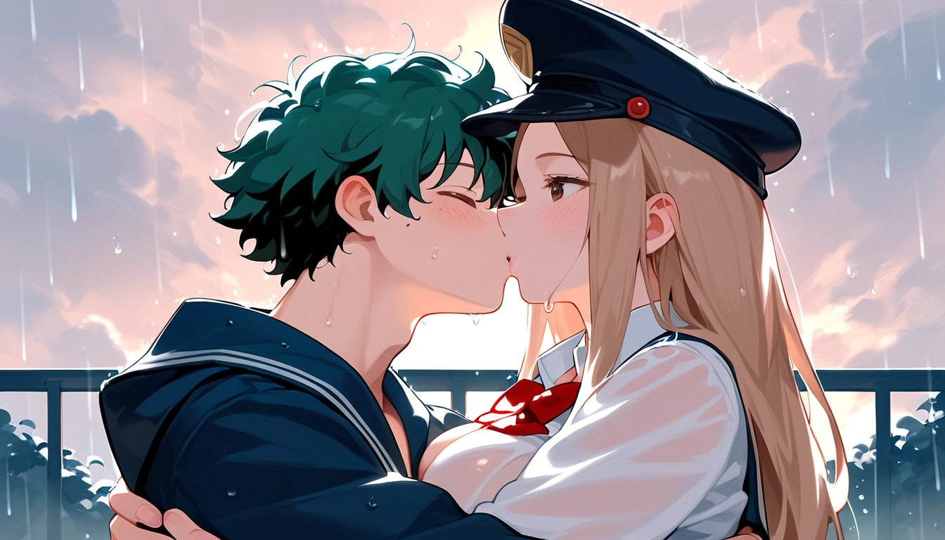 anime artwork, score_9, score_8_up, score_7_up, score_6_up, score_5_up, score_4_up, r,Camie Utsushimi, light brown hair, dark brown eyes,, breasts, , big breasts, (school uniform:1.2), standing, cap, she is 24 years old, wet whirt, ,horny, , , , style_3, 1boy, Izuku Midoriya, kissing, outdoors, raining, blush, wet, dark atmoshpere, They are completely soaked, evening, gaps in the clouds, his hands on her hips, hugging, close-up,rainbow