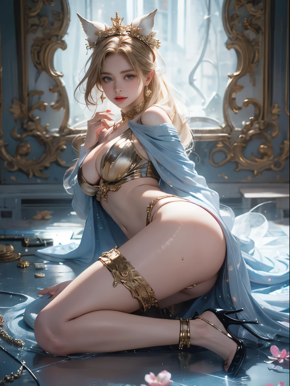 (8k extremely detaileded CG unit wallpaper),(Highest quality),(Best illustrations),(Best Shadow), (detailed: 1.4), 。.。.。.。.。.。.。.3d, んdebtdebt(High Dynamic Range), Light Tracing, NVIDIA, Super Resolution, Scattered beneath the surface, PBR Textures, Post-processing, Anisotropy debtiltering, Depth of written boundary, Maximum sharpness and acutance, Multilayer Texture, Albedo and Specular Maps, Surface Shading, Accurate simulation of light-matter interactions, Perfect balance, Octane Rendering, Two-tone lighting, wide aperture , Low ISO,White balance,Rule of Thirds,8K RAW,intricate-detailed, Delicate pattern, Deep Shadow, masterpiece, real, Roughness, Surreal, Photographed with Canon EOS R5, 50mm lens, debt/2.8, Sharp debtocus, Smoothing, Roughness, Real Life, Photorealistic, Cinematography, 8K Ultra HD,In the flower field,Blue debtlower Girl,1 Girl,solo,Europe,Beautiful Bride,Light Smile,Highly detaileded blonde hair,Mature Woman,Sky Blue Gossamer Veil,Sky blue light cloak,Sky blue gossamer coat,Sky blue thin skirt,Sky blue lace underwear,Sky Blue Lace,Sky Blue Gossamer Gloves,choker,Earrings,gem,Small items,Headdress,Hand decoration,Leg decoration,High heels,Huge breasts,Large Breasts,Big Breasts,Burst chest,Big Breasts,Ample breasts,Expose your breasts,Exposed breasts,Tight waist,Naked butt,Big butt,Bare Belly,Belly button,Wet,Wet body,Sweaty body,Shiny skin,
