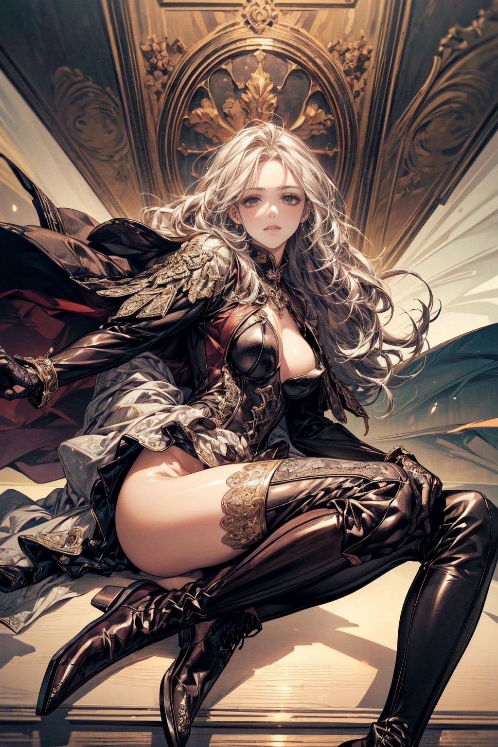 nsfw、(masterpiece, Highest quality, Super detailed:1.3), Perfect composition, 4K, (Very detailed, Super detailed), Patent leather leotard、Long gloves、Knee-high boots, High resolution, 8k Texture, Attention to detail, Very detailed肌の質感, Magnificent details, High Sharpness, One girl, (Fine grain:1.3), (25-year-old woman:1.3),(Camera angle looking up from below)、A smile looking down on the viewer、Squat down and spread your legs、Crotch Emphasis