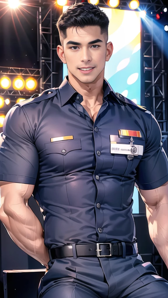 handsome man sit on the table ,(crew cut short hair:1.2),black eye,smile,open mouth
(navy police uniform:1.2),(shirt short sleeves:1.2),collar,(shirt covered over:1.2),(name tag and Police badge:1.2),(shirt no buttons:1.1),(black_gloves:1.3),
(Navy blue cargo:1.2),Korean guy,korean men,(High gloss details),(chest muscles:1.2),(large arm muscles:1.2),blood vessel,Big muscles,Broad shoulders,looking at the audience,Balancing the eyes,middle of the road,(stage:1.4),