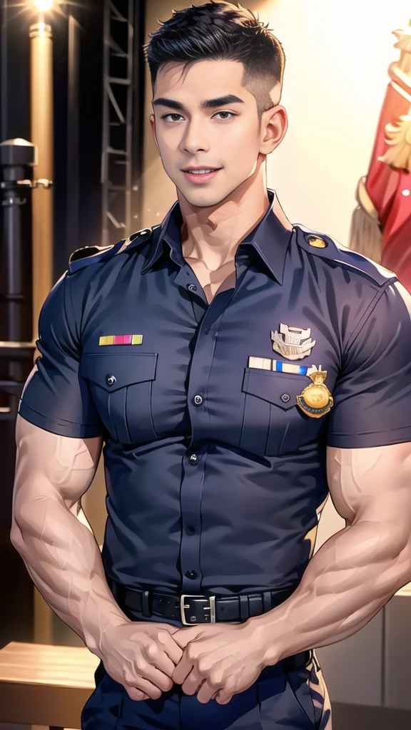 handsome man sit on the table ,(crew cut short hair:1.2),black eye,smile,open mouth
(navy police uniform:1.2),(shirt short sleeves:1.2),collar,(shirt covered over:1.2),(name tag and Police badge:1.2),(shirt no buttons:1.1),(black_gloves:1.3),
(Navy blue cargo:1.2),Korean guy,korean men,(High gloss details),(chest muscles:1.2),(large arm muscles:1.2),blood vessel,Big muscles,Broad shoulders,looking at the audience,Balancing the eyes,middle of the road,(stage:1.4),