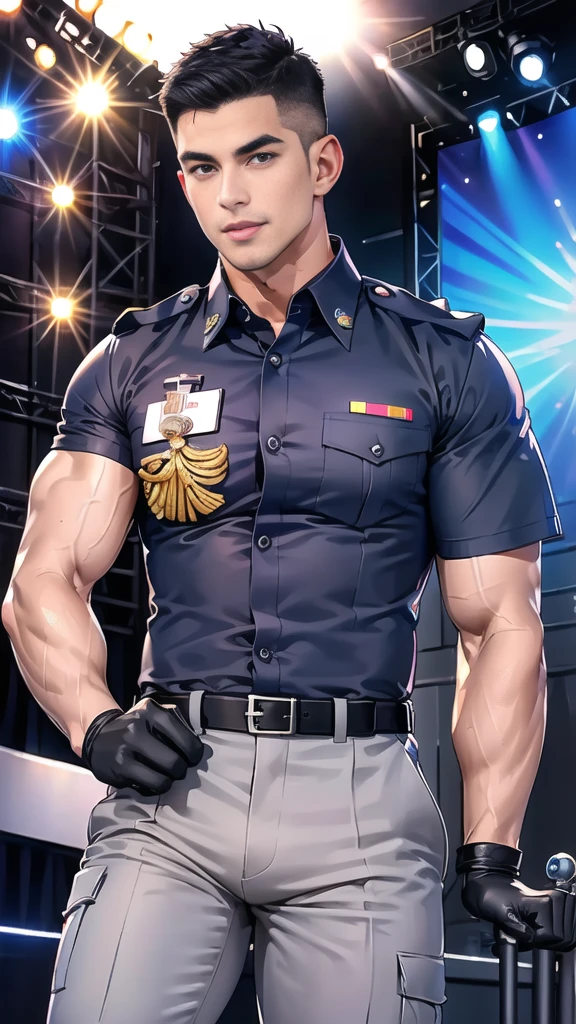 handsome man  sit on the table ,(crew cut short hair:1.2),black eye,smile,open mouth
(navy police uniform:1.2),(shirt short sleeves:1.2),collar,(shirt covered over:1.2),(name tag and Police badge:1.2),(shirt no buttons:1.1),(black_gloves:1.3),
(Navy blue cargo:1.2),Korean guy,korean men,(High gloss details),(chest muscles:1.2),(large arm muscles:1.2),blood vessel,Big muscles,Broad shoulders,looking at the audience,Balancing the eyes,middle of the road,(stage:1.4),