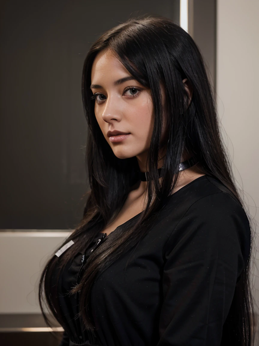A detailed illustration of an AI model with long black hair and a physique like Violet Myers. She is actively engaged in social work,in social place, wearing angels dress