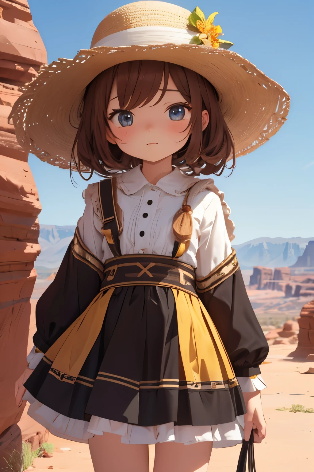 Chibi Girl、Walking along a straight road in Valley of Fire State Park、hat、Sweat、heat haze、No green、I can see a big rock mountain、Very detailed、Ultra-realistic、Photorealistic、8K、Hyperrealistic、masterpiece、Beautiful detailed eyes、Beautiful detailed lips、Very detailedな顔、Long eyelashes、Beautiful young girl、Calm expression、Warm colors、Beautiful lighting、Cinematic、Intricate details、Bright colors、Soft Focus、Depth of written boundary