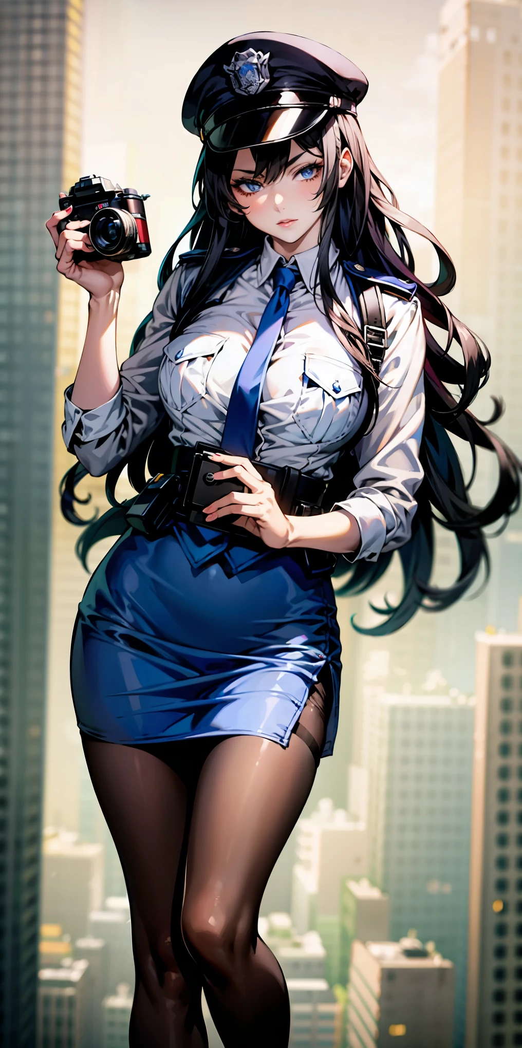 Ridiculous resolution, high resolution, (masterpiece:1.4), Extremely detailed, 1 Girl,blue eyes, Black long hair，Please wear police uniform and short skirt, White handbags、Pantyhose、City Streets,Sexy pose, The camera is close to your body