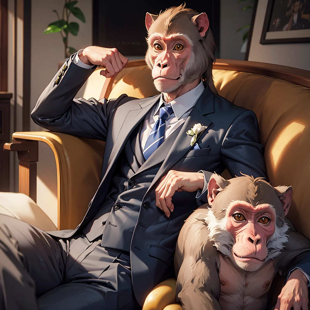 Macaque in suit,Humanized expression、posture,Highest quality