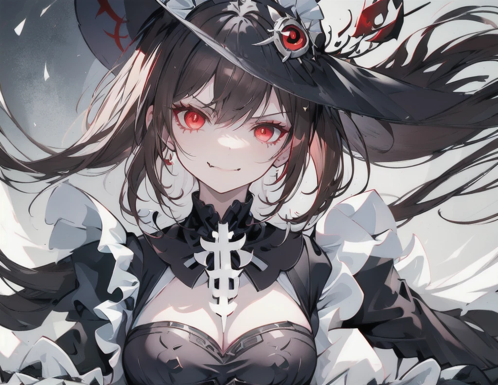 masterpiece,Highest quality,Official Art,very , Tear from Overlord, Genshin Impact,  Female protagonist,  Evil Aura, Menacing aura, Evil expressions, Proud expression, Exploitable Images,  Brown Hair, Evil Eye, Maid_Head ornament, Full body view