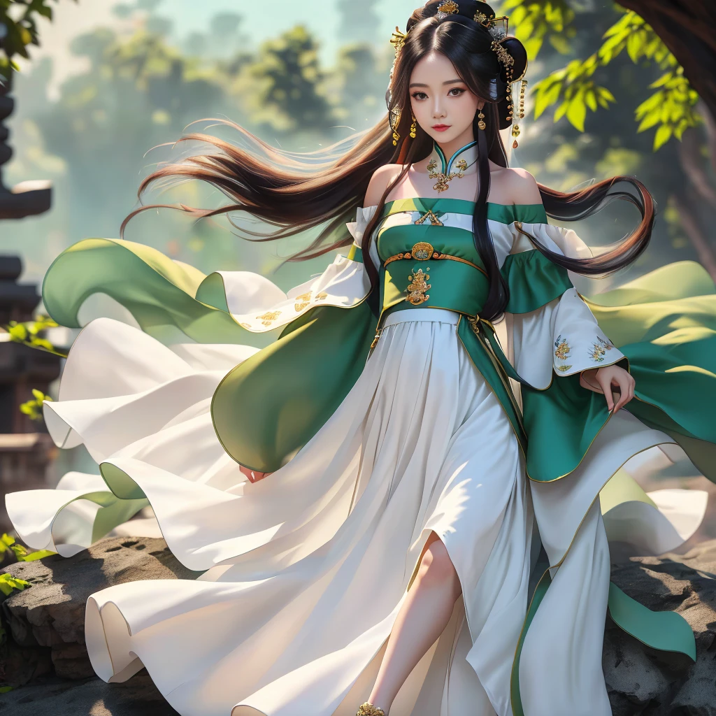 Girl in traditional Chinese clothing, Hanfu, Guzhen Hanfu women, green Hanfu,(long straight black hair:1.5), black eyes, black bun hairstyle, hair accessories ,white diamond earrings, Bangle Diameter, Dia Necklace, Clear eyes, Facing forward,put on makeup, Long eyelashes ,(Jade green long shoulder coat:1.5), (Very long skirt, white:1.5), ((Whole body)), ((from below)), Clear face, , (Very beautiful face, Beautiful mouth, beautiful eyes), detailed face, ((Ultra-fine skin)), In the dark, deep shadows, an ancient Chinese girl (Very slim figure 1.3) ,Plump breasts, elegant posture ,(palace in the sky:1.5),