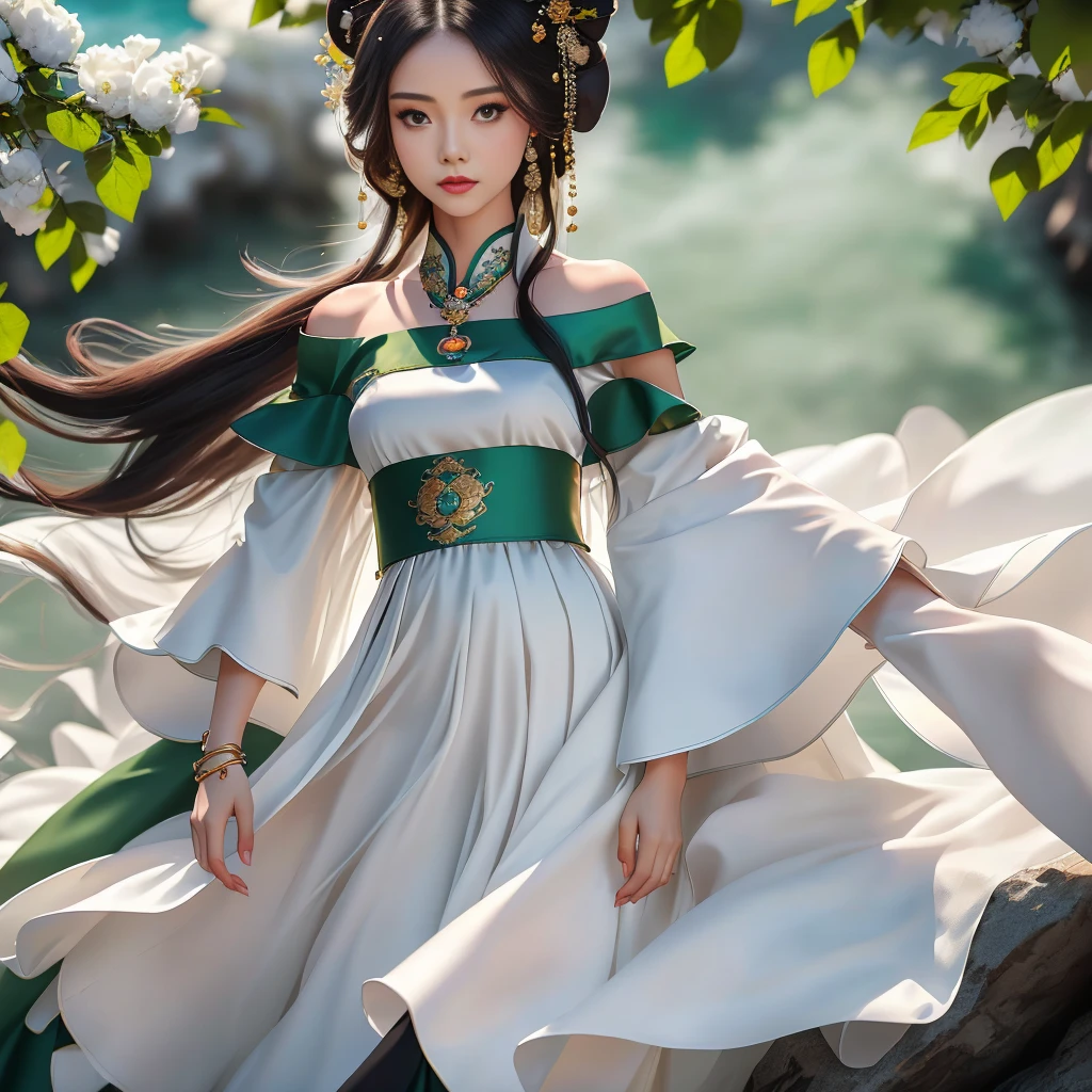 Girl in traditional Chinese clothing, Hanfu, Guzhen Hanfu women, green Hanfu,(long straight black hair:1.5), black eyes, black bun hairstyle, hair accessories ,white diamond earrings, Bangle Diameter, Dia Necklace, Clear eyes, Facing forward,put on makeup, Long eyelashes ,(Jade green long shoulder coat:1.5), (Very long skirt, white:1.5), ((Whole body)), ((from below)), Clear face, , (Very beautiful face, Beautiful mouth, beautiful eyes), detailed face, ((Ultra-fine skin)), In the dark, deep shadows, an ancient Chinese girl (Very slim figure 1.3) ,Plump breasts, elegant posture ,(palace in the sky:1.5),