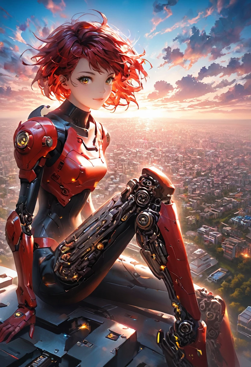 A colorful and dreamy anime-style illustration of a young girl with short red hair, sitting amidst a vibrant, mechanical landscape. She is wearing a casual outfit with mechanical leg armor, surrounded by a kaleidoscope of colors and glowing lights. The background is filled with whimsical details and a magical atmosphere.