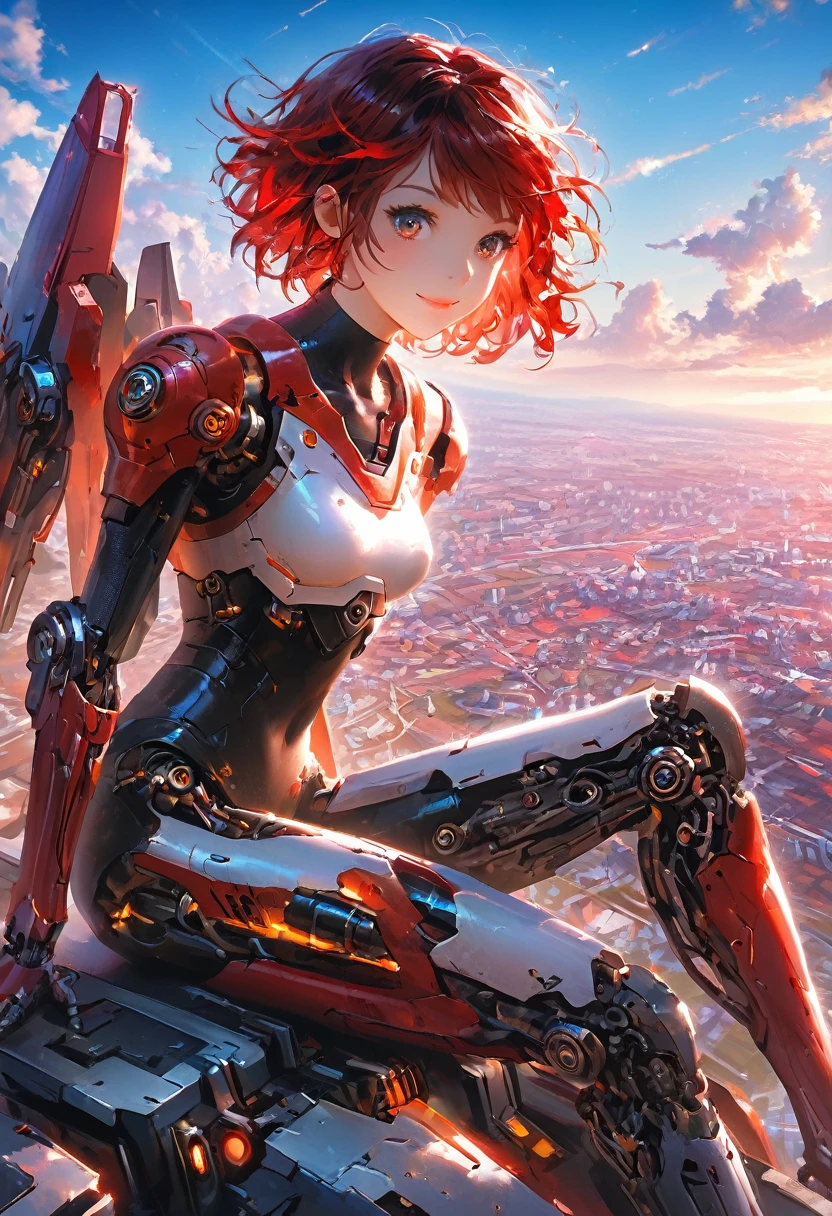 A colorful and dreamy anime-style illustration of a young girl with short red hair, sitting amidst a vibrant, mechanical landscape. She is wearing a casual outfit with mechanical leg armor, surrounded by a kaleidoscope of colors and glowing lights. The background is filled with whimsical details and a magical atmosphere. 