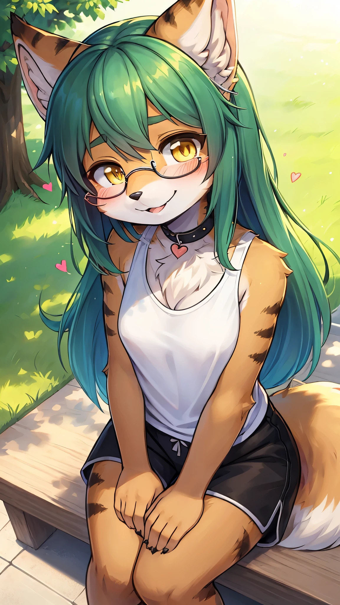 best quality,best resolution,(fluffy anthro furry :1.6),(young :1.8),cat girl,small breasts,dark green hair,long hair,yellow eyes,glistering eyes,sparkle eyes,brown fur with  striped fur,(white camisole),black shorts,glasses,heart collar,stand,public park,sunbeam,full face blush,looking at viewer,(heart expression eyes),(heart eyes),passionated face,smile,sitting,high angle