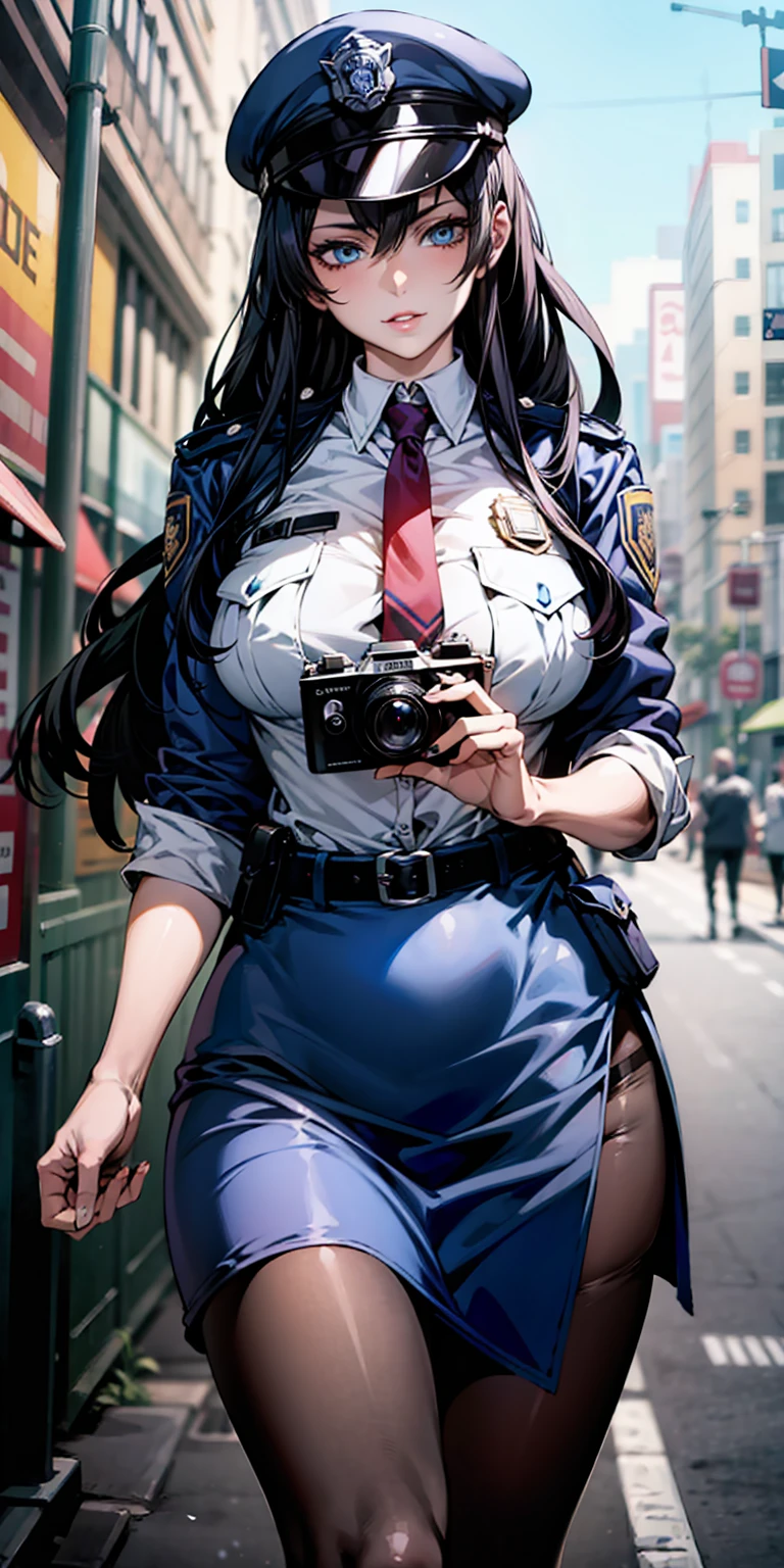 Ridiculous resolution, high resolution, (masterpiece:1.4), Extremely detailed, 1 Girl,blue eyes, Black long hair，Please wear police uniform and short skirt, White handbags、Pantyhose、City Streets,Sexy pose, The camera is close to your body