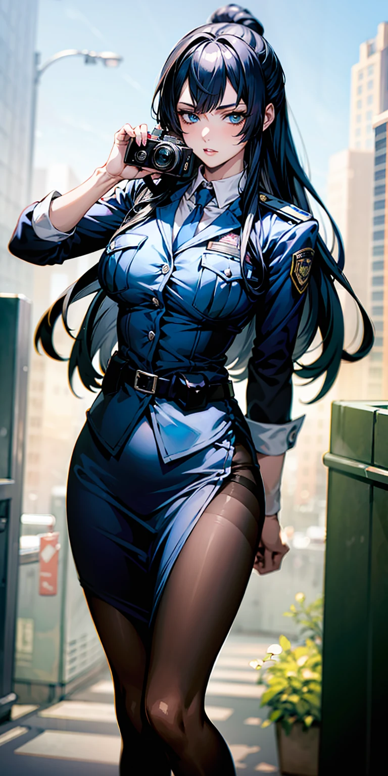 Ridiculous resolution, high resolution, (masterpiece:1.4), Extremely detailed, 1 Girl,blue eyes, Black long hair，Please wear police uniform and short skirt, White handbags、Pantyhose、City Streets,Sexy pose, The camera is close to your body