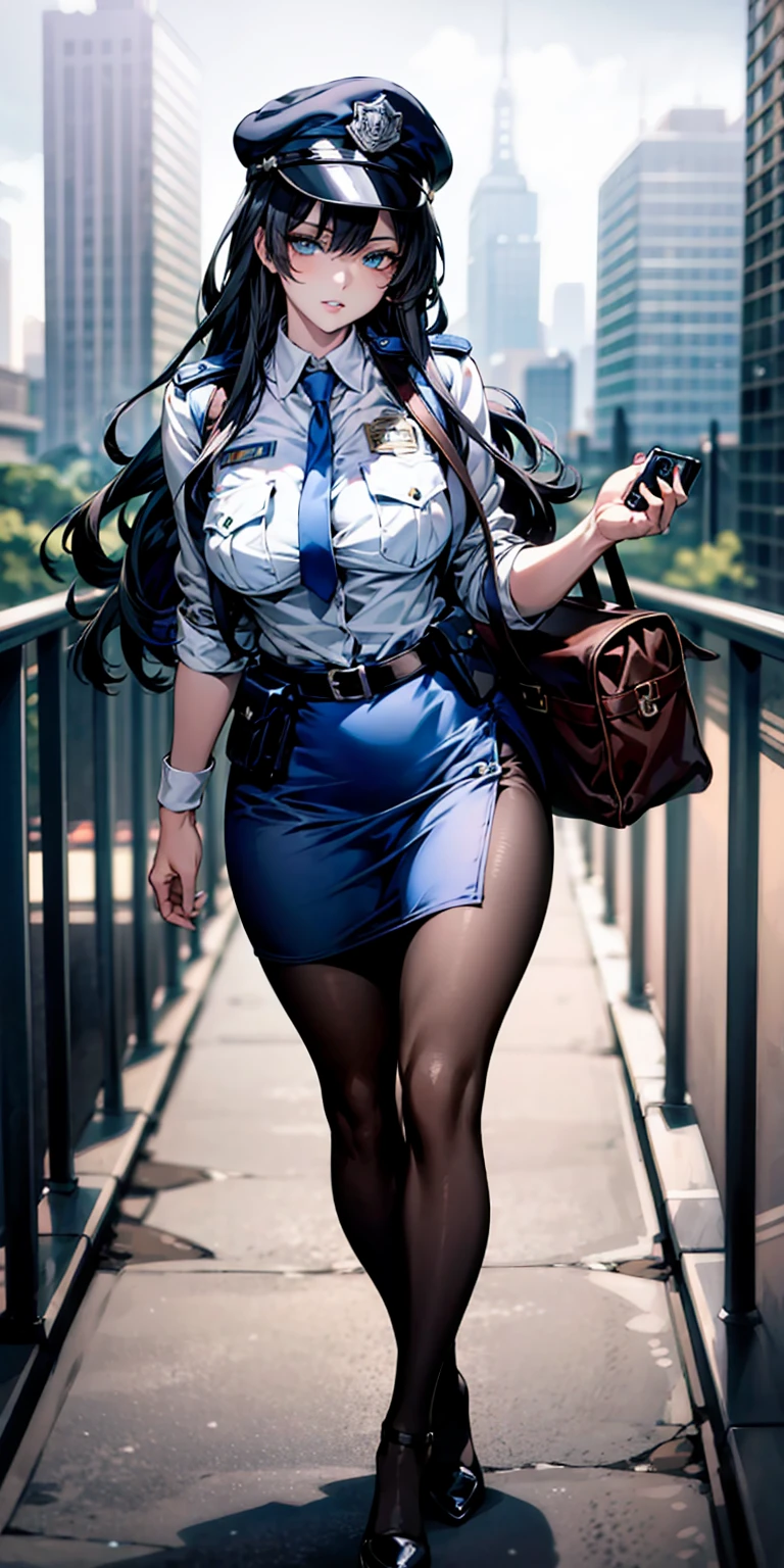 Ridiculous resolution, high resolution, (masterpiece:1.4), Extremely detailed, 1 Girl,blue eyes, Black long hair，Please wear police uniform and short skirt, White handbags、Pantyhose、City Streets,Sexy pose, The camera is close to your body