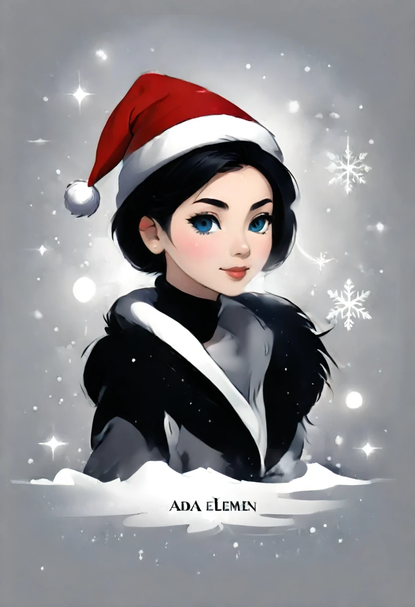 make me a simple text design for Christmas with a black and white theme, ada elemen bintang, snow and santa hat.