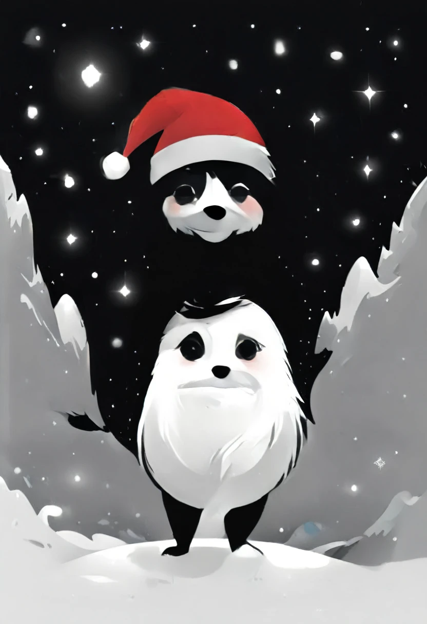 make me a simple text design for Christmas with a black and white theme, ada elemen bintang, snow and santa hat.