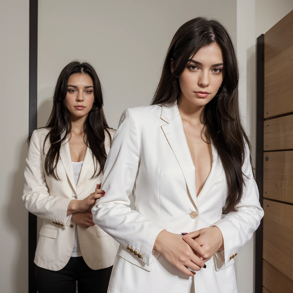 I want you to create a woman with light brunette, medium height, weighing 65 kilos, black eye color, long black hair, well-made red nails, businesswoman working with notebook, white blazer outfit 