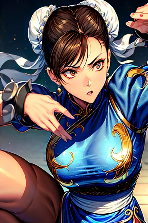 Chun-Li from Street Fight II,The perfect Chun-Li costume,Blue Chinese dress with gold lines,Bunhead,Good cover,masterpiece、1 beautiful girl、Highest quality, 超High resolution, (reality: 1.4), Cinema Lighting、Asian Beauty、so beautiful、Beautiful Skin、Body facing forward、(High resolution)、(8K)、(Very detailed)、(Beautiful and beautiful eyes)、(Very detailedな)、 (wall-)、Detailed face、Bright lighting、Professional Lighting、Diagonal bangs、masterpiece, Highest quality, masterpiece, Highest quality,  Perfect brown eyes with white sclera, Bad move -5, alone, 1 Girl,  Brown Hair, From SF2,  Muscular woman, Blue clothes, pantyhose, Pelvic Curtain, Puff short sleeves, Good cover, sash,切り刻まれたBlue clothes、Bleeding from many wounds、Both hands tied with rope、Both legs are tied with ropes、Get down on one knee、enduring pain。