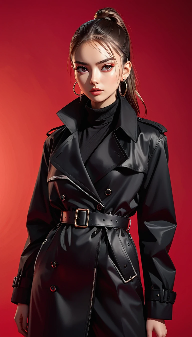 (masterpiece,high quality,8K).beautiful girl,Skin details,Bright Eyes,High Ponytail,Metal hoop earrings,Unique,Staring at the audience),(Black trench coat suit:1.37,belt)。Light and Shadow,Clean and simple red background