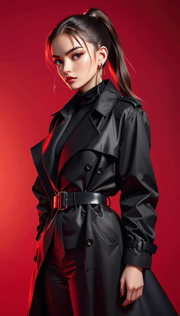 (masterpiece,high quality,8K).beautiful girl,Skin details,Bright Eyes,High Ponytail,Metal hoop earrings,Unique,Staring at the audience),(Black trench coat suit:1.37,belt)。Light and Shadow,Clean and simple red background