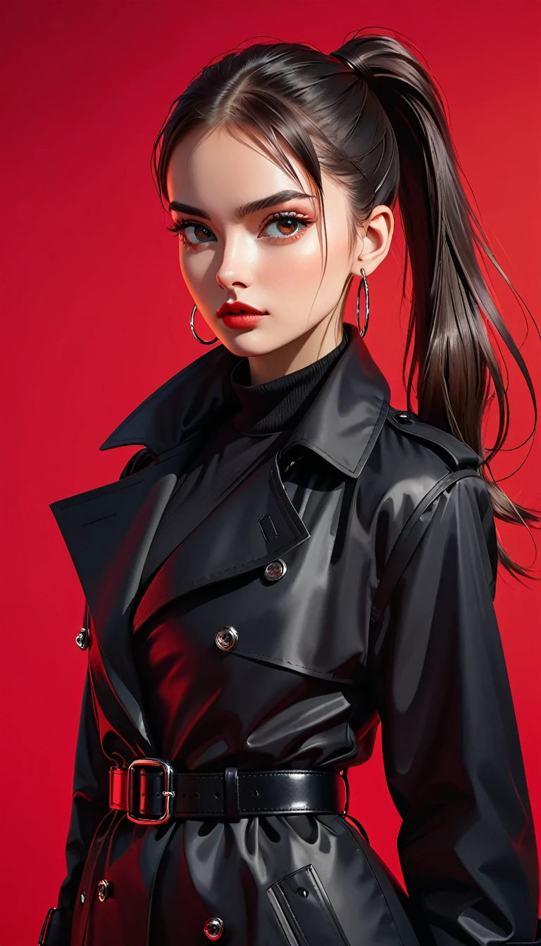 (masterpiece,high quality,8K).beautiful girl,Skin details,Bright Eyes,High Ponytail,Metal hoop earrings,Unique,Staring at the audience),(Black trench coat suit:1.37,belt)。Light and Shadow,Clean and simple red background