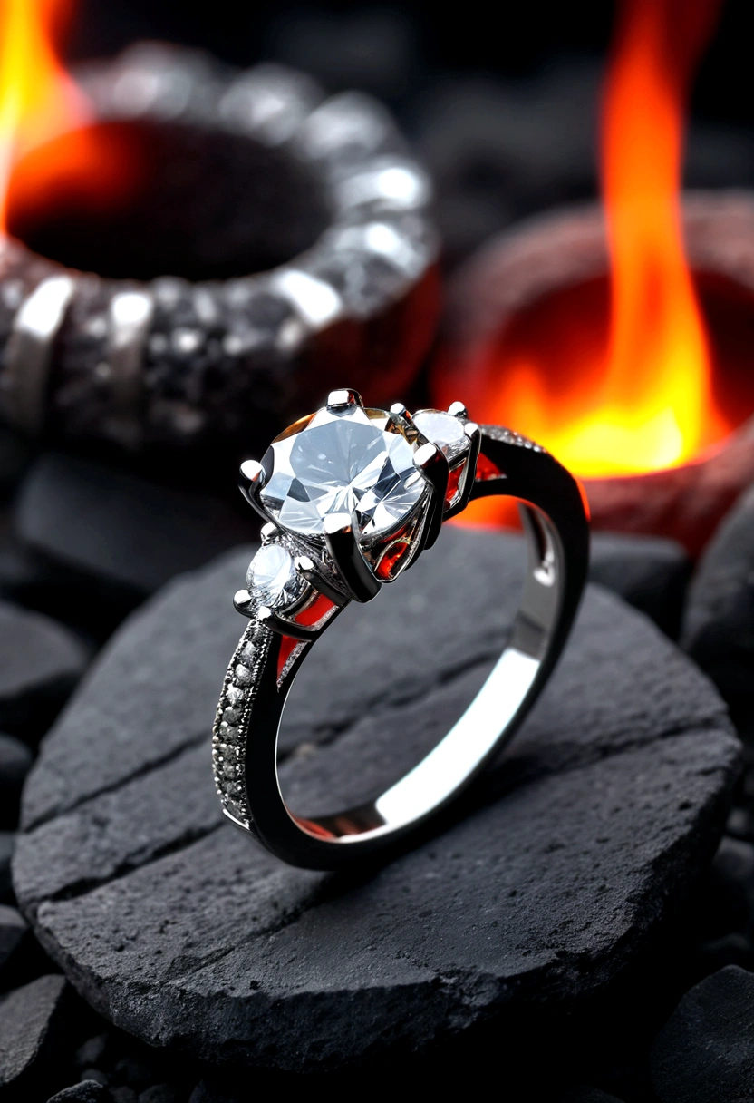 beautiful diamond ring, neat, in a dark atmosphere, the ring lies on the coals, hot coals, silver ring with diamond, Strict style, стильный design, cold haze, design, dark blurred background, hot coals, red cracks in coals, miniature ring, women&#39;s ring 