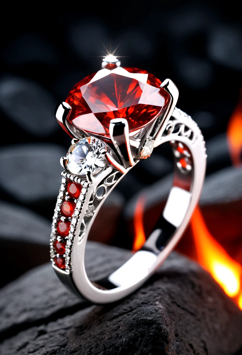 beautiful diamond ring, neat, in a dark atmosphere, the ring lies on the coals, hot coals, silver ring with diamond, Strict style, стильный design, cold haze, design, dark blurred background, hot coals, red cracks in coals, miniature ring, women's ring
