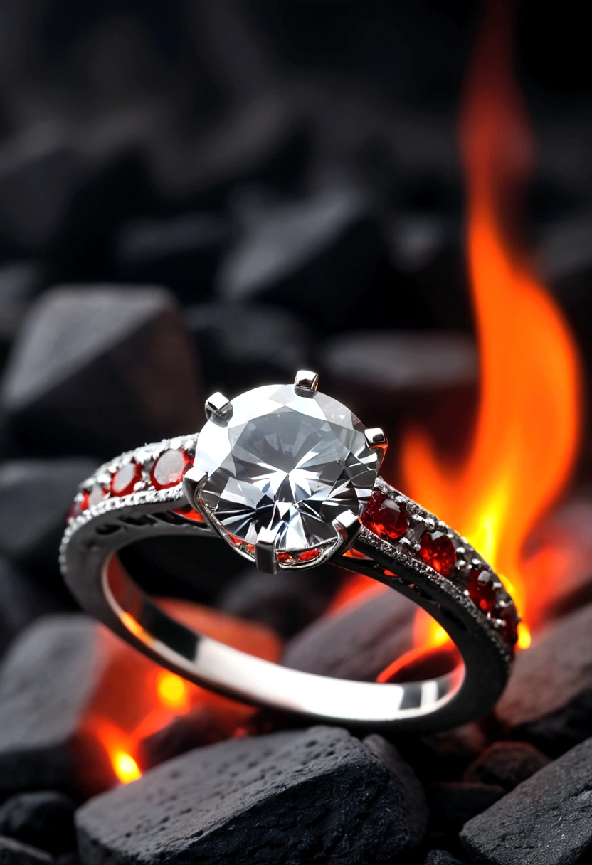 beautiful diamond ring, neat, in a dark atmosphere, the ring lies on the coals, hot coals, silver ring with diamond, Strict style, стильный design, cold haze, design, dark blurred background, hot coals, red cracks in coals, miniature ring, women's ring