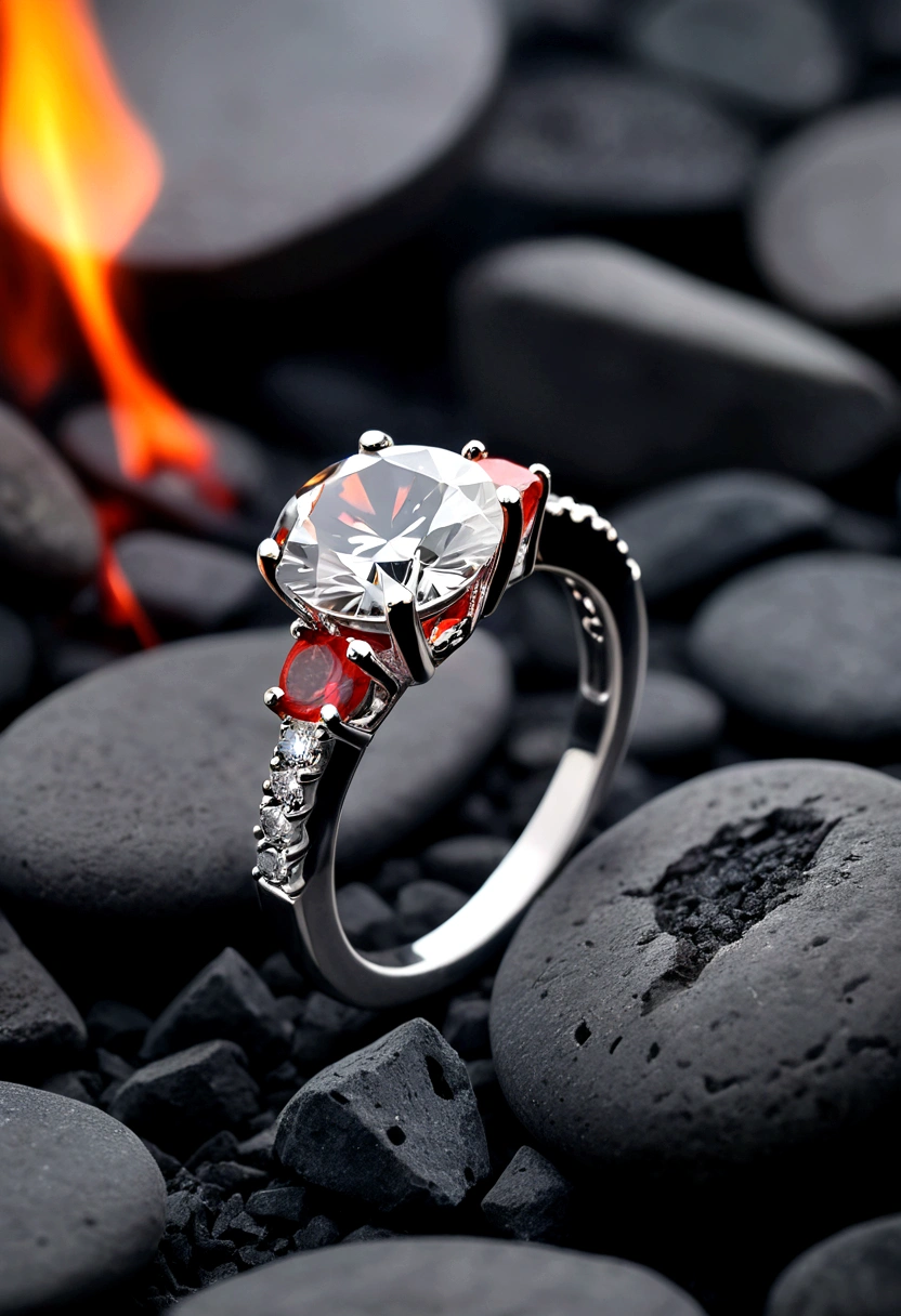 beautiful diamond ring, neat, in a dark atmosphere, the ring lies on the coals, hot coals, silver ring with diamond, Strict style, стильный design, cold haze, design, dark blurred background, hot coals, red cracks in coals, miniature ring, women's ring