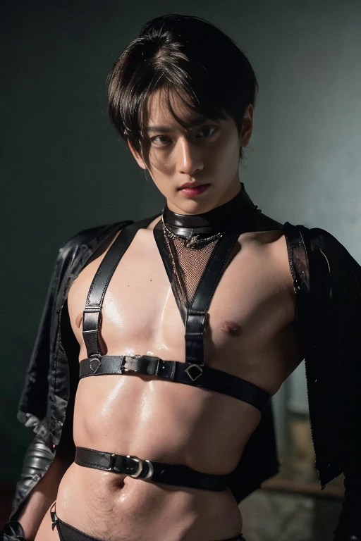 (masutepiece,High resolution,ultra - detailed:1.0),1(man,Robot man),Perfect male body,Look at the camera,Delicate eyes and delicate face,extremely details CG,Unity 8k wallpaper,intricate-detail,solo person,Detailed face, (chest harness, garter straps, Harness strap, neck strap , micro string thongs), Best Quality, hands visible, Gloves, short hair:1.5 , full length shot(fls) , big thighs , insane details, hyper details ,16k resolution , ultra-high clarity , hyperrealism, uhd,(K-pop idol shooting porn magazine cover photo), thick thighs, male , ((unrealistic wide hips , unrealistic wide pelvis )), ((only man , only male)) , ((ultra realism , ultra photorealism)) , (sexy , eroticism , nsfw) , mature man , pectoral , ((superstar)) , kinky , snake eyes , This photorealistic portrait combines the style of National Geographic., Capture every detail of his textured skin in 8k resolution. Leica digital SLR camera. His features were clearly visible., From the deep-set eyes to the chiselled jawline., Make this image a true masterpiece..Lift. (8K UHD、RAW Photography、Photorealistic Portrait Leica Digital SLR、Lifelike images)