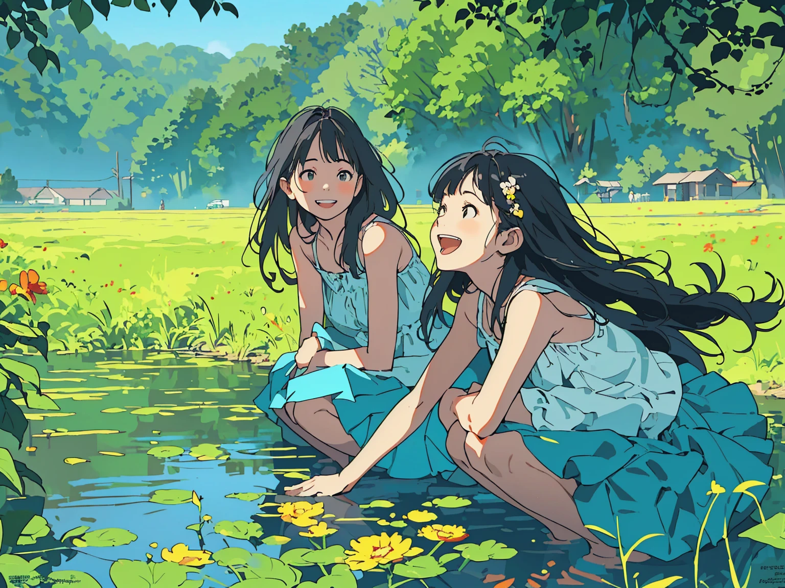 Reasonable design, Clear lines, High Sharpness, (Highest quality,8K,Perfect sharpness,Ultra fine,High resolution,masterpiece:1.2), Perfect Anatomy:1.5, Official Art, Illustrations that tell a story, (Whitish background:0. 9)、Body Positivity、多Mr.な身体表現、(Random and energetic poses)、Perfect beauty、Perfect beautiful face、Strong winds、A rich expression、Dynamic composition、smile、Golden ratio composition、colorful、((Mr.々Different angles and perspectives))、Anime Art、(Mini dress)、(Overcoming stereotypes)、 Glowing Skin、(Natural beauty)、smile、Bangs、(Soft and flowing hair)、(countryside)、(Nostalgic atmosphere)、Put up to your feet、(Playful and carefree)、(多Mr.な民族のキャラクター)、(innocent attitude)、(Sunny atmosphere)、(The skirt flutters wildly in the wind)、(Bright colors)、Beautiful Eyes、(Embarrassing)、Braided Hair、Summer Scene、Smiling among flowers、Side angle、