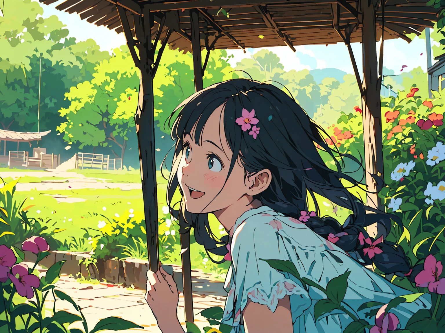 Reasonable design, Clear lines, High Sharpness, (Highest quality,8K,Perfect sharpness,Ultra fine,High resolution,masterpiece:1.2), Perfect Anatomy:1.5, Official Art, Illustrations that tell a story, (Whitish background:0. 9）、Body Positivity、多Mr.な身体表現、（Random and energetic poses）、Perfect beauty、Perfect beautiful face、Strong winds、A rich expression、Dynamic composition、smile、Golden ratio composition、colorful、（(Mr.々Different angles and perspectives)）、Anime Art、(Mini dress)、（Overcoming stereotypes）、 Glowing Skin、（Natural beauty）、smile、Bangs、（Soft and flowing hair）、（countryside）、（Nostalgic atmosphere）、Put up to your feet、（Playful and carefree）、（多Mr.な民族のキャラクター）、（innocent attitude）、（Sunny atmosphere）、(The skirt flutters wildly in the wind)、（Bright colors）、Beautiful Eyes、(Embarrassing)、Braided Hair、Summer Scene、Smiling among flowers、Side angle、