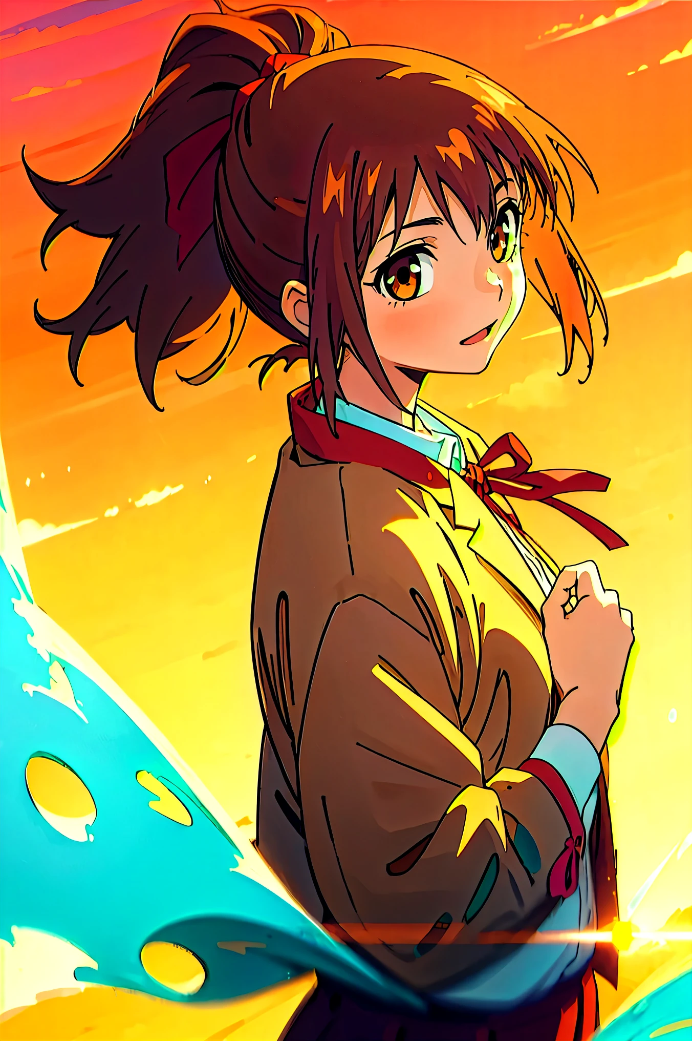 (masterpiece, best quality:1.2), samidare asahina, 1girl, brown eyes, brown hair, jacket, long sleeves, neck ribbon, ocean, red sky, dawn, ponytail, red ribbon, ribbon, , shirt, short hair, solo, sunset, white shirt, (anime, high details, super detail:1.55)