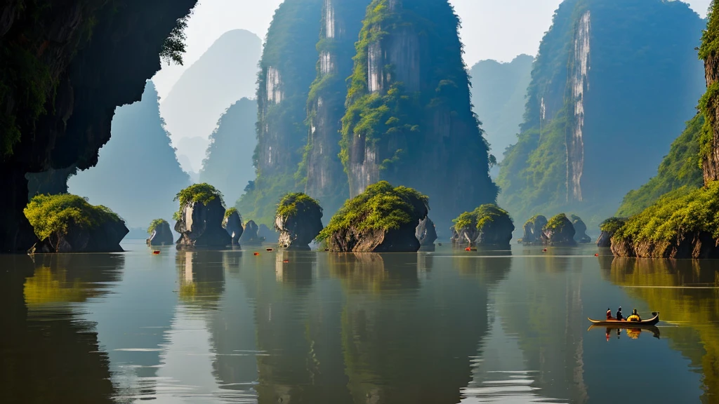 Étang de lotus, Paysage de Ningping, vietnam, Liège, Enchère, Karst, centre, symétrie, peint, Roues dans les roues, éclairage volumétrique, Équitable, chef-d'œuvre riche et sombre, netteté, ultra détaillé, Style par Dan Mumford et Mark Simonetti, astrophotographie, clair de lune.