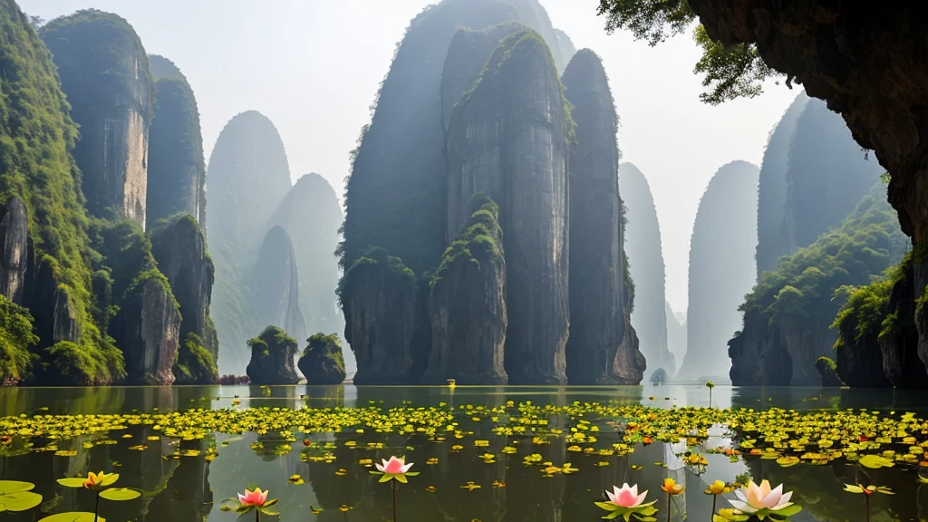 Étang de lotus, Paysage de Ningping, vietnam, Liège, Enchère, Karst, centre, symétrie, peint, Roues dans les roues, éclairage volumétrique, Équitable, chef-d'œuvre riche et sombre, netteté, ultra détaillé, Style par Dan Mumford et Mark Simonetti, astrophotographie, clair de lune.