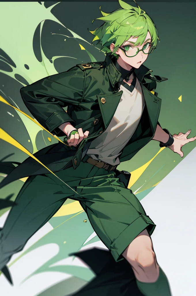 1man, green hair, green eyes, short hair, glasses, big dark jacket