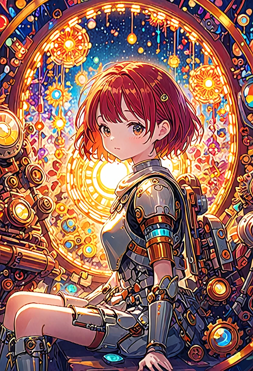 A colorful and dreamy anime-style illustration of a young girl with short red hair, sitting amidst a vibrant, mechanical landscape. She is wearing a casual outfit with mechanical leg armor, surrounded by a kaleidoscope of colors and glowing lights. The background is filled with whimsical details and a magical atmosphere.