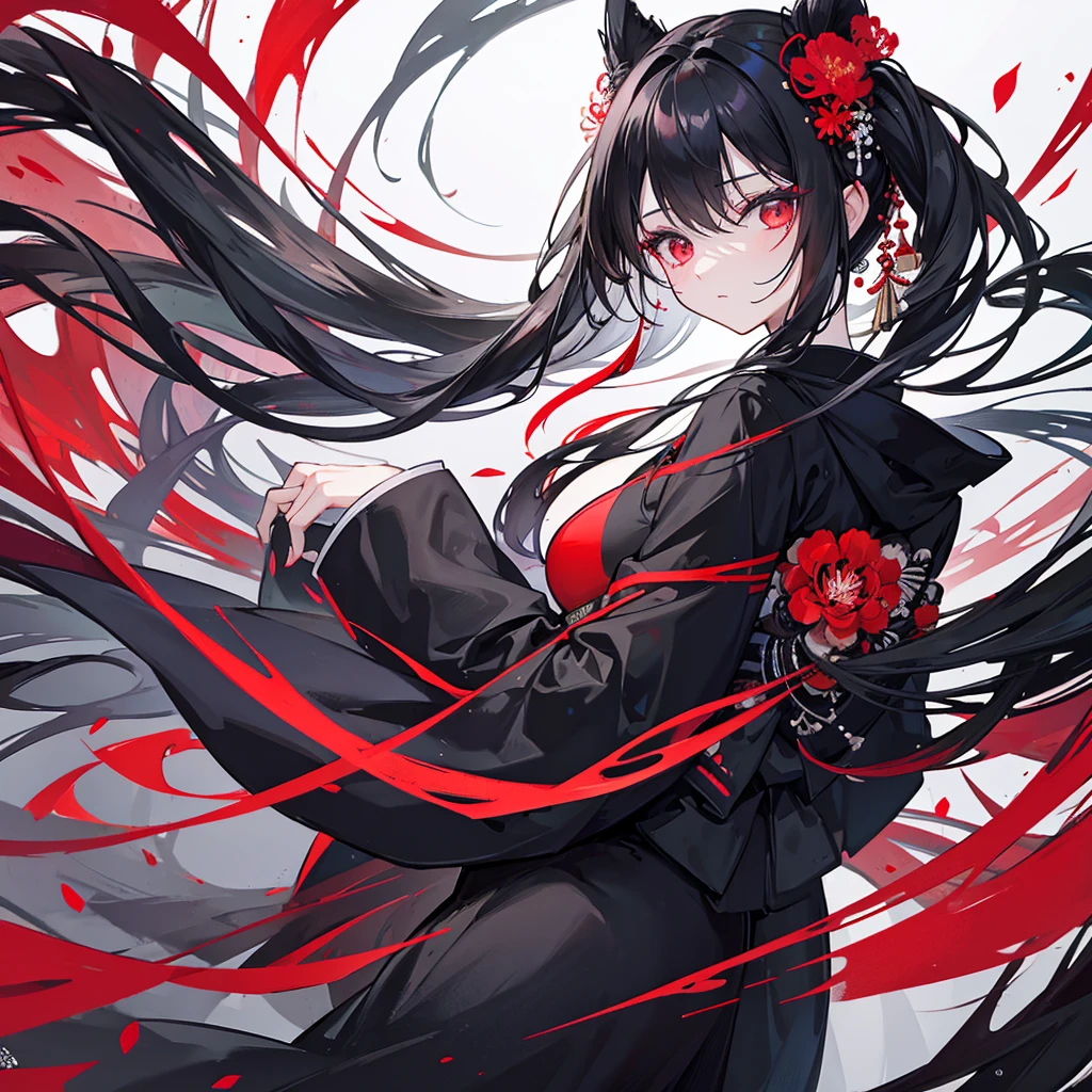 A black-haired woman wearing a black kimono with a red spider lily painted on it
