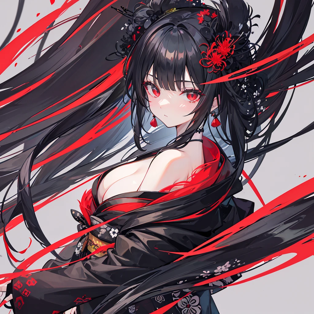 A black-haired woman wearing a black kimono with a red spider lily painted on it